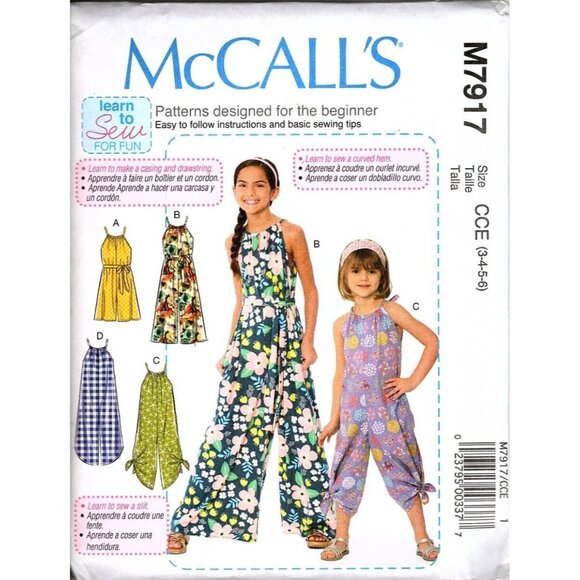 McCall's M7917 Girls 3 to 6 Rompers and Jumpsuits Uncut Sewing Pattern New - Picture 1 of 2